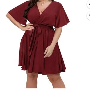 Chama Womens Plus Size Dress Wrap V Neck Flutter Sleeve Tie Wrap